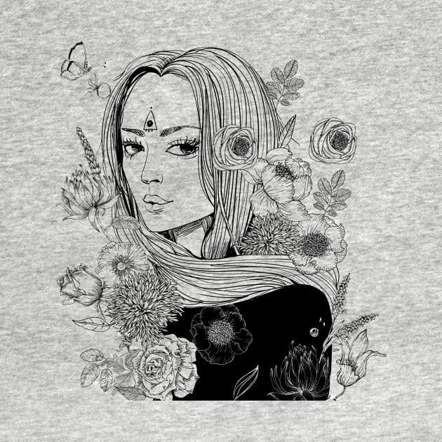 Floral Girl Line Art. Flowers Art, Black and White Girl Art by EquilibriumArt